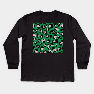 Pink and Kelly Green Leopard Print Kids Long Sleeve T-Shirt